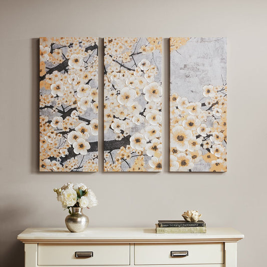 Gleeful Blossoms Yellow Hand Embellished Printed Canvas 3 Piece Set